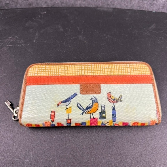 Fossil Key-Per Bird Print Zip Around Wallet Clutch Travel Organizer - Picture 1 of 5